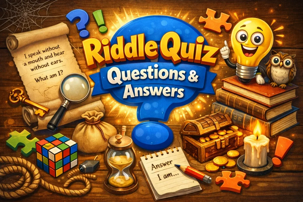 Alt-text: Riddle quiz cards on a table with pencils and snacks.