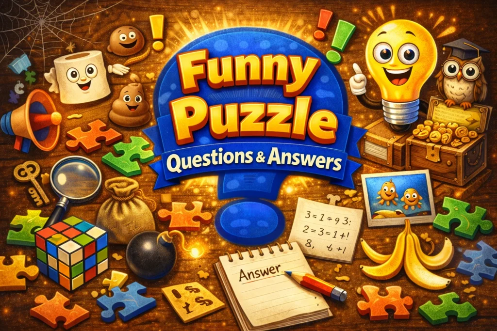 Funny puzzle questions with answers cover image with a question mark.