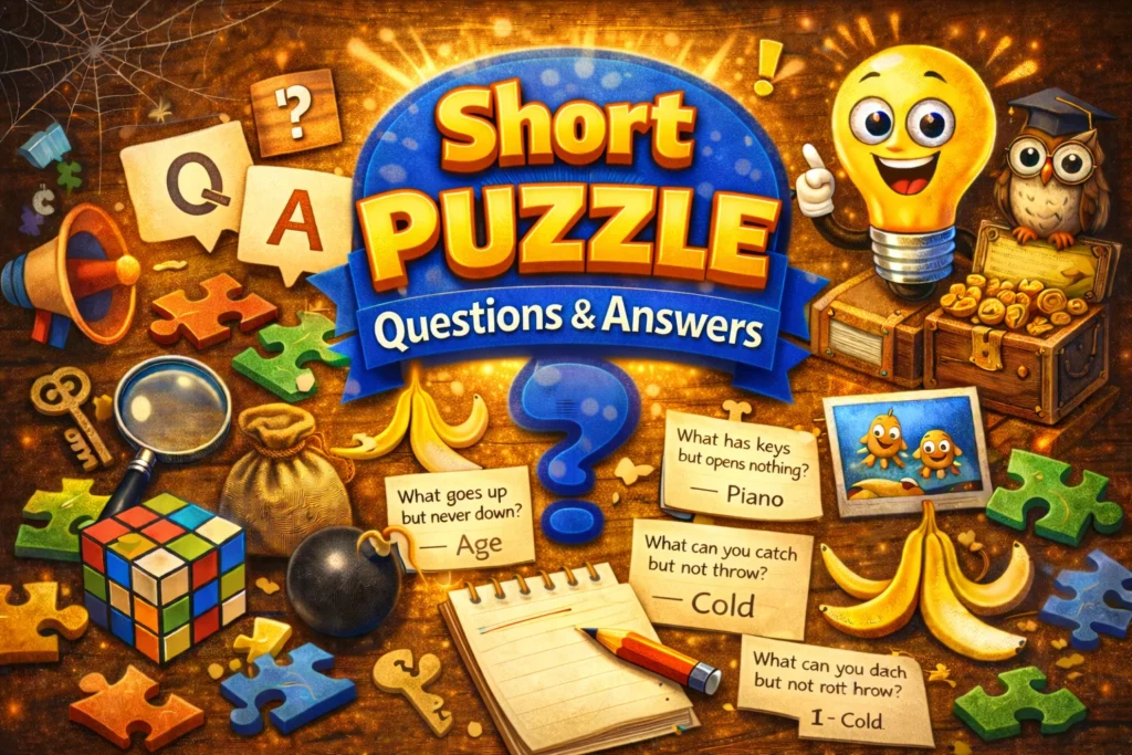 Short puzzle questions with answers cover image with a question mark and puzzle cards.