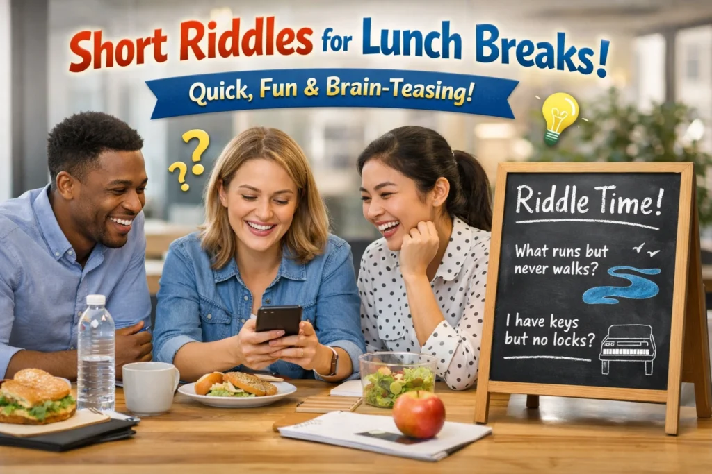 Coworkers enjoying quick riddles during lunch