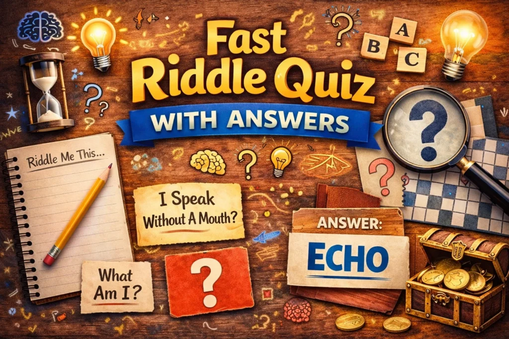 A colorful desk scene with a notebook, pencil, and doodles of brains, question marks, and lightbulbs, representing fast riddle quizzes.