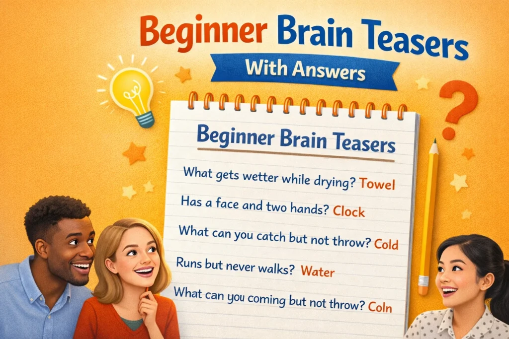 Notepad showing beginner brain teasers with answers