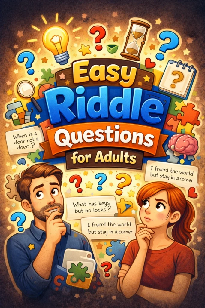 A modern poster-style graphic for easy adult riddles.