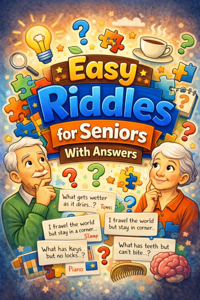 A clean poster-style image for easy riddles for seniors with answers.