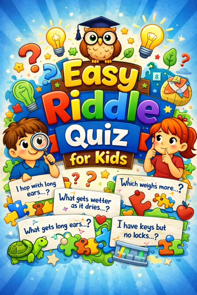 A bright poster-style image for an easy riddle quiz for kids.