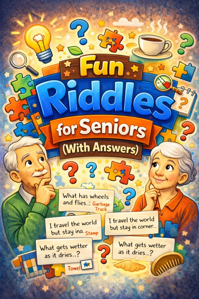 Poster-style image for fun riddles for seniors with answers.