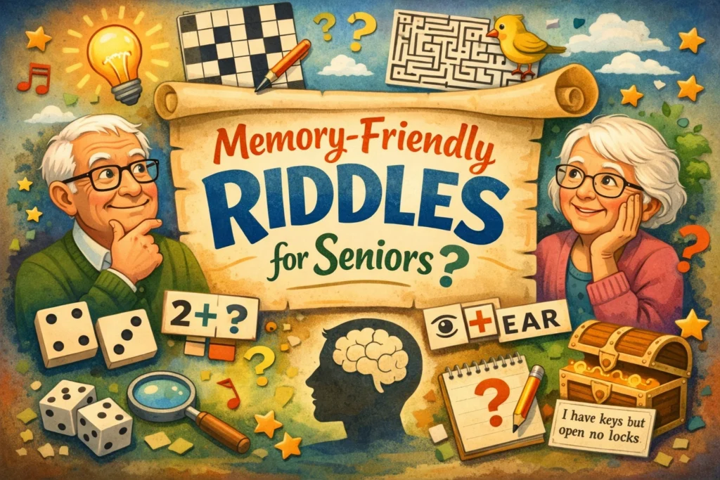 Seniors enjoying large-print riddle cards at a table.