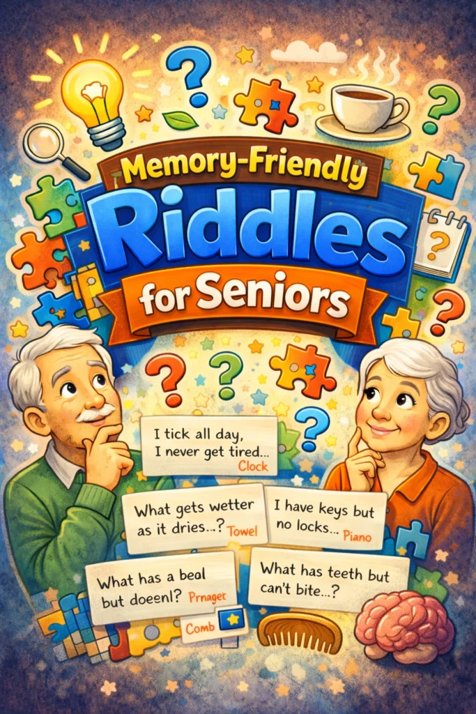 Poster graphic for memory-friendly riddles for seniors.