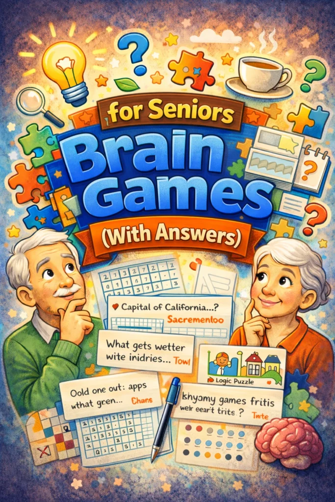 Poster-style cover for brain games for seniors with answers.