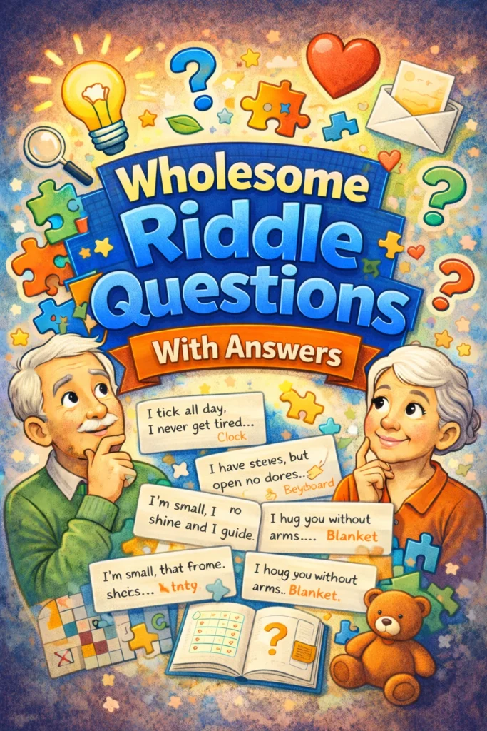 Poster graphic for wholesome riddle questions with answers.