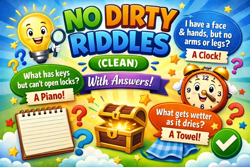 Illustrated riddle cards and party props on a table with playful speech bubbles.