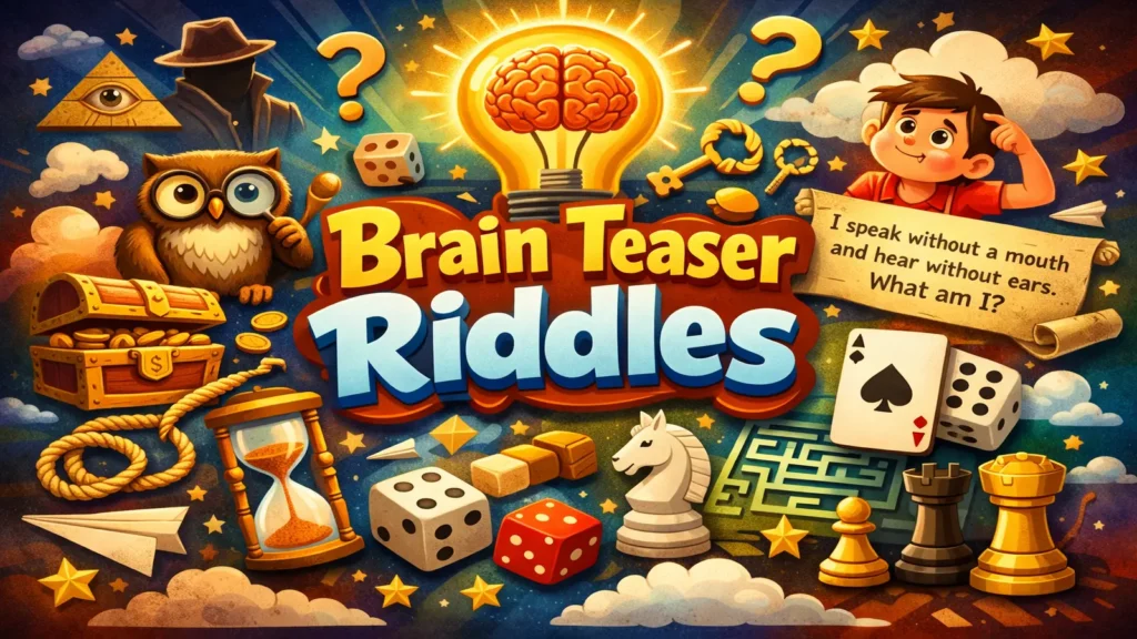 Notepad with brain teaser riddles on a desk