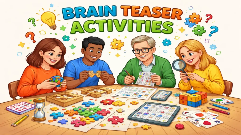 Table with brain teaser activities including cards, puzzles, and logic sheets