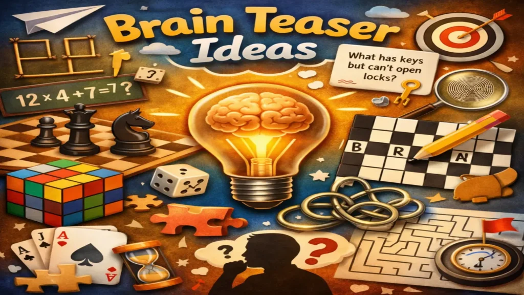Table with brain teaser ideas including cards, puzzles, and a tablet
