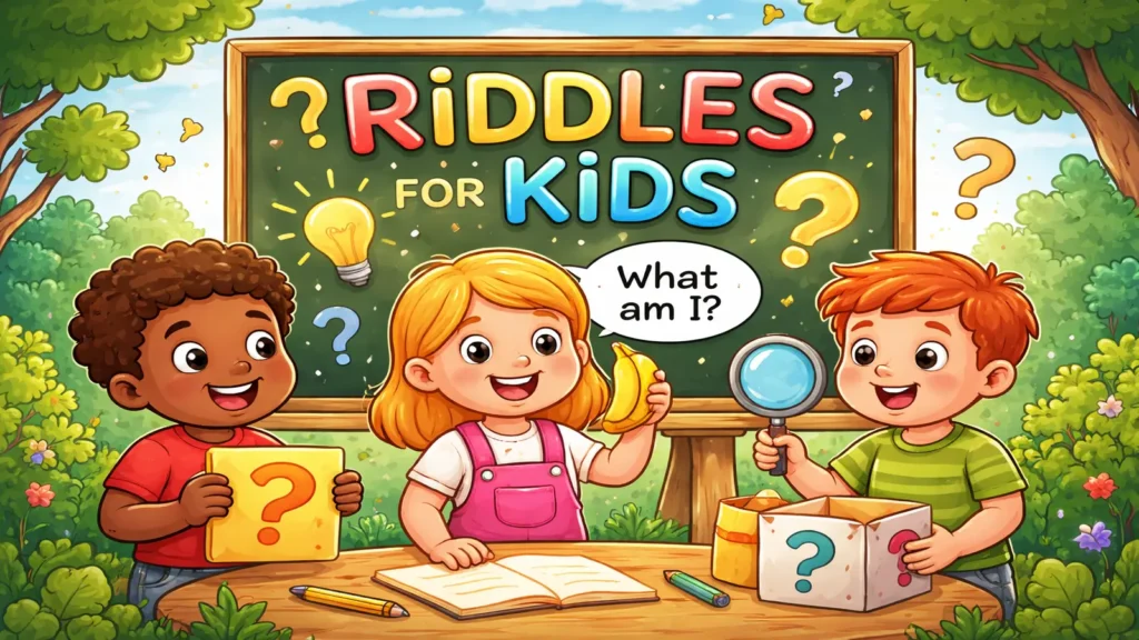 Kids sharing riddle cards and notes at a table