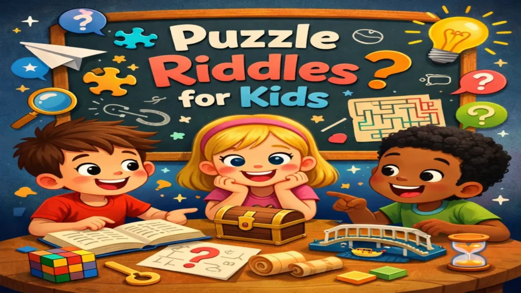 Kids smiling while solving riddle cards together at a table