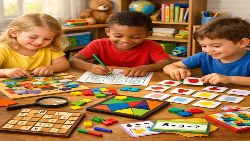 Kids smiling while playing puzzle games together