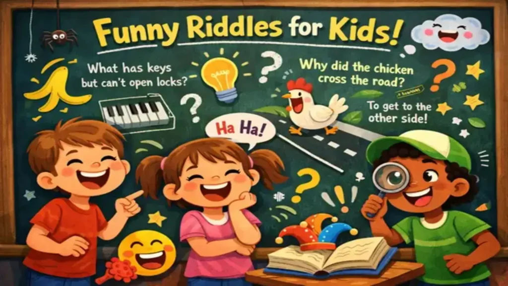 Kids laughing over funny riddle cards at a table