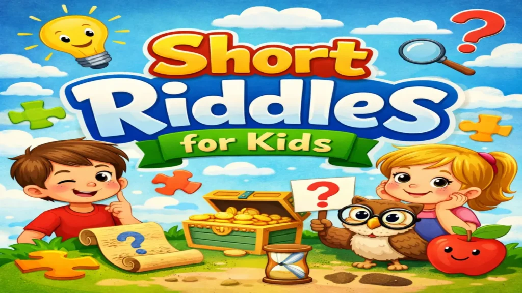 Kids sharing short riddle cards at a table