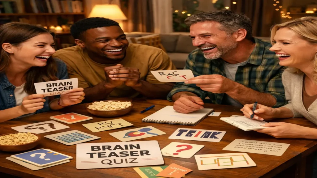 Friends solving brain teaser quiz cards at a game night table