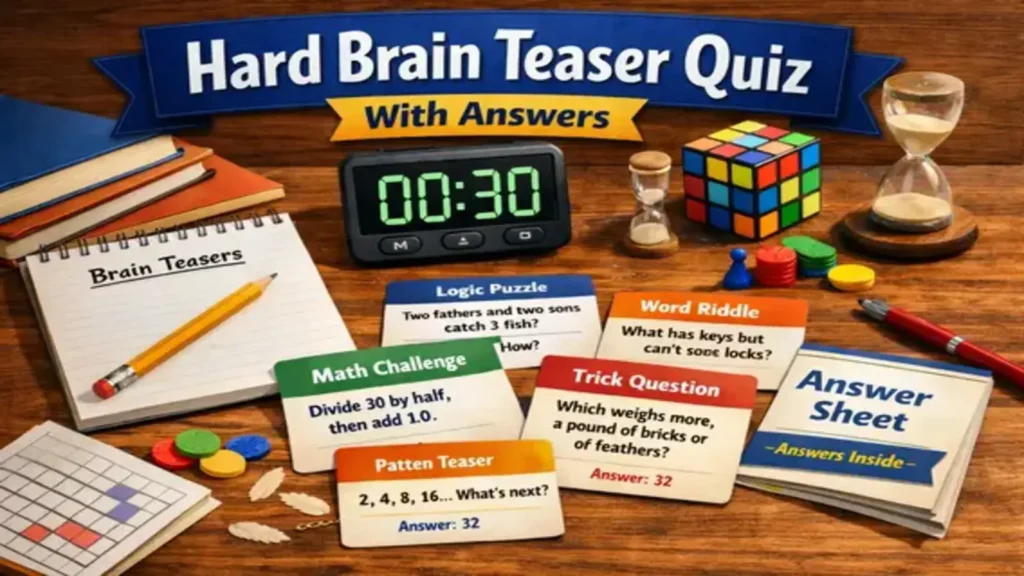 Puzzle cards and timer set up for a hard brain teaser quiz.