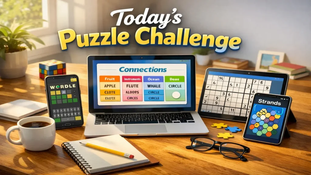 Devices showing several daily puzzle games on a desk