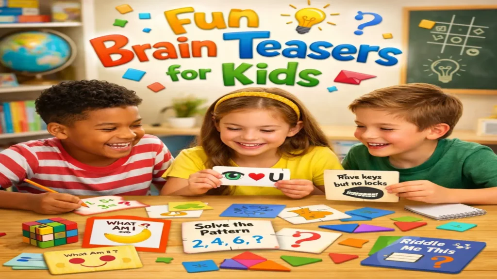 Kids smiling while solving brain teasers together at a table