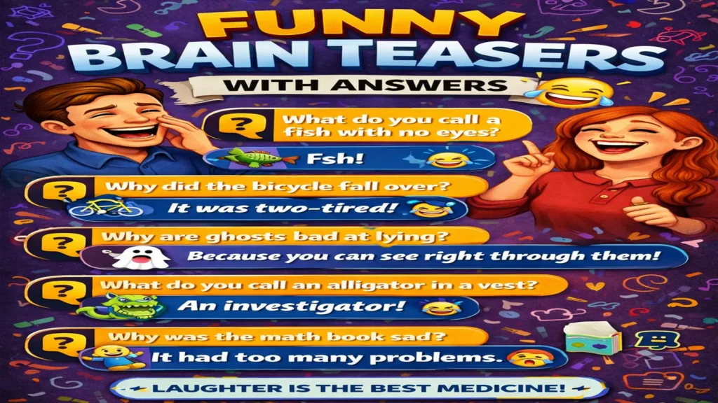 People laughing over funny brain teasers at a table