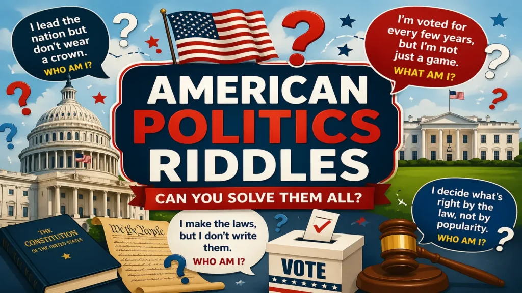 Colorful illustration of American politics riddles with U.S. civic symbols