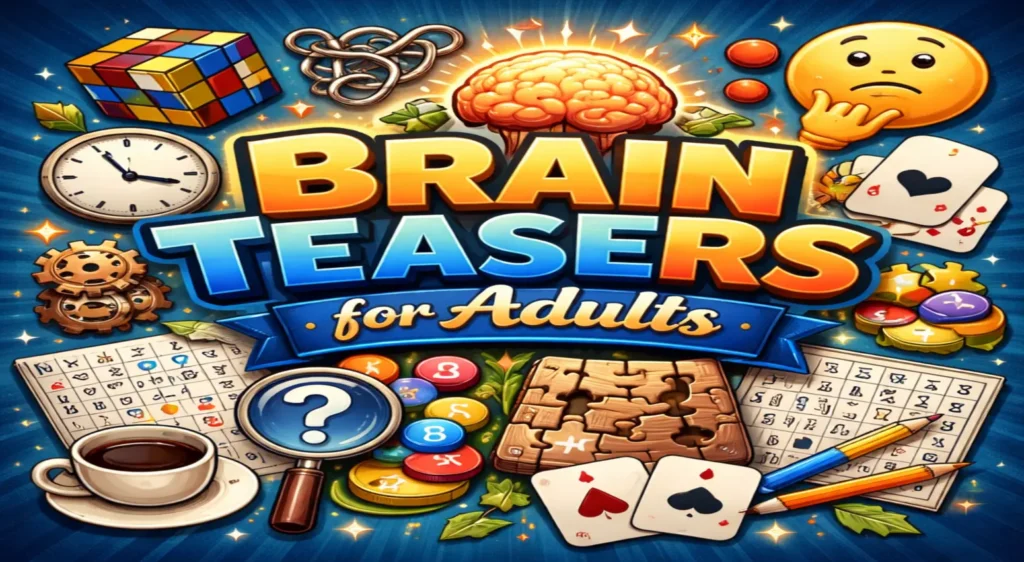 Puzzle cards and notebook on a table for adults solving brain teasers