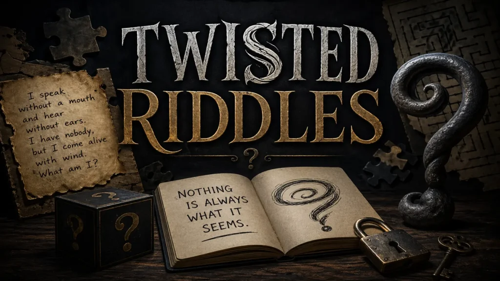 Twisted riddle cards on a table with puzzle clues and answers.