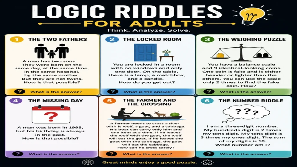 Adults solving logic riddles together at a table.