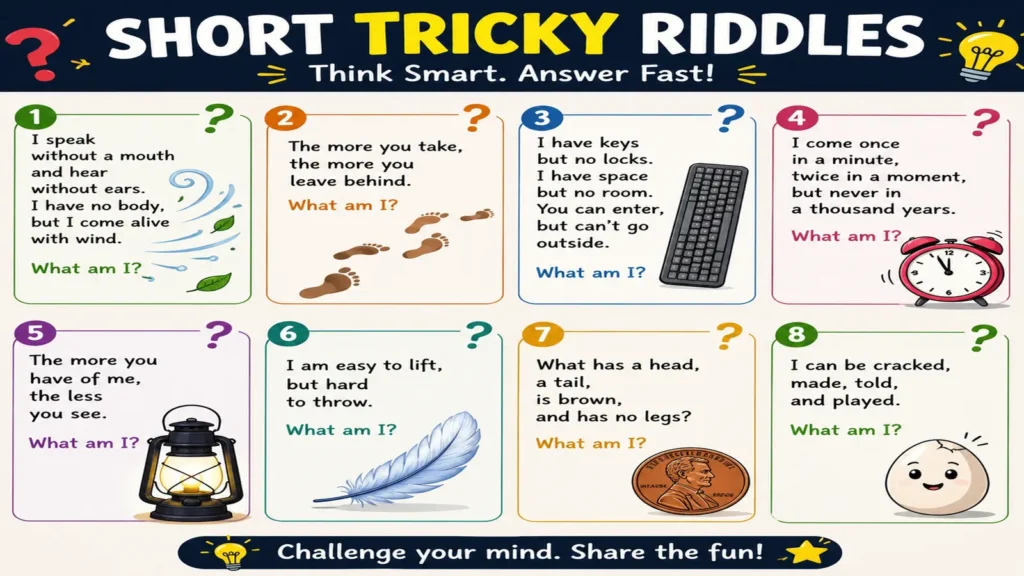 Colorful cards showing question marks for short tricky riddles.