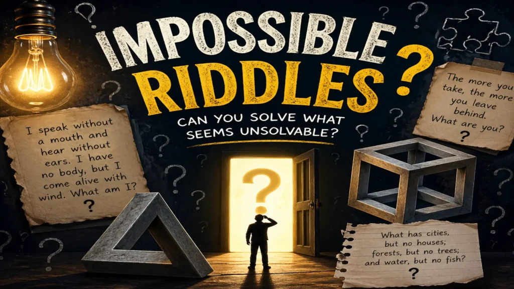 A family solving impossible riddles on puzzle cards at a table.