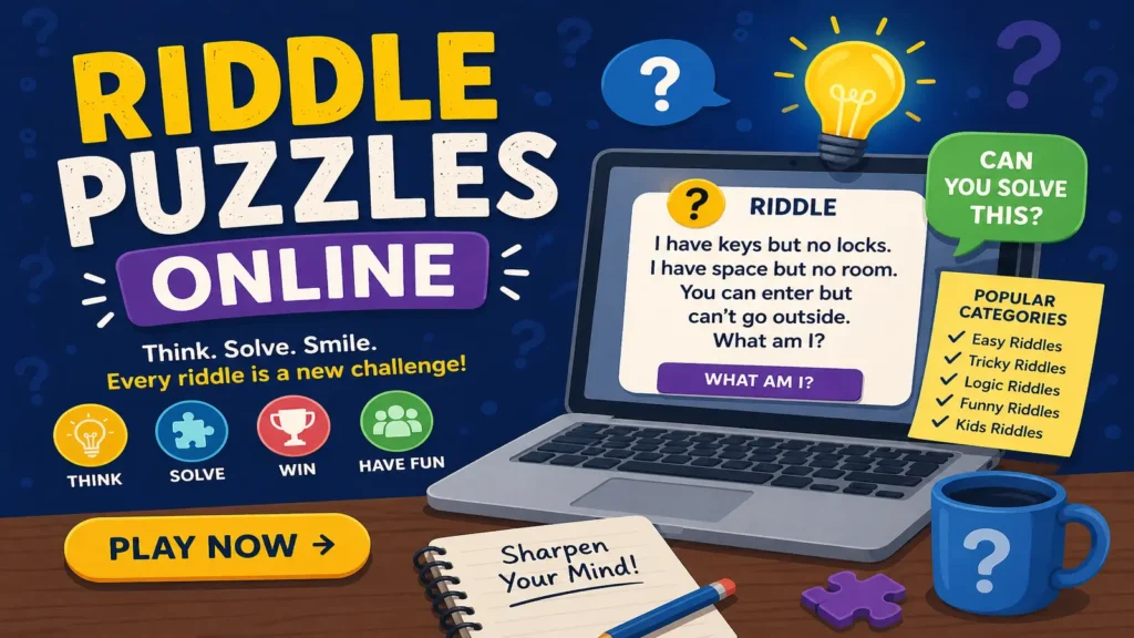 Colorful online riddle puzzle cards on a laptop and phone.
