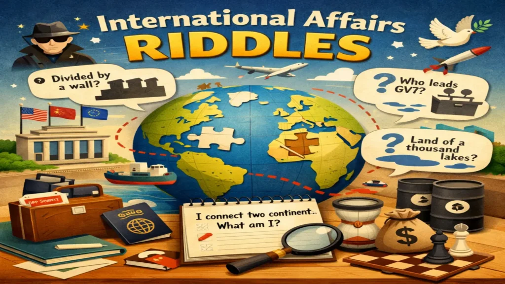 Illustrated globe with puzzle clues about diplomacy and world affairs