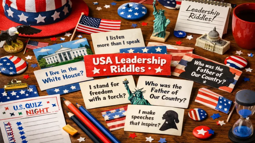 Cards with American leadership riddle prompts on a game table