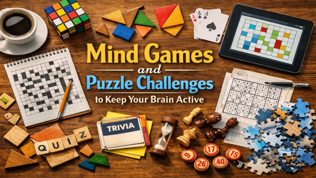 Brain games and puzzle tools on a desk for daily mental exercise