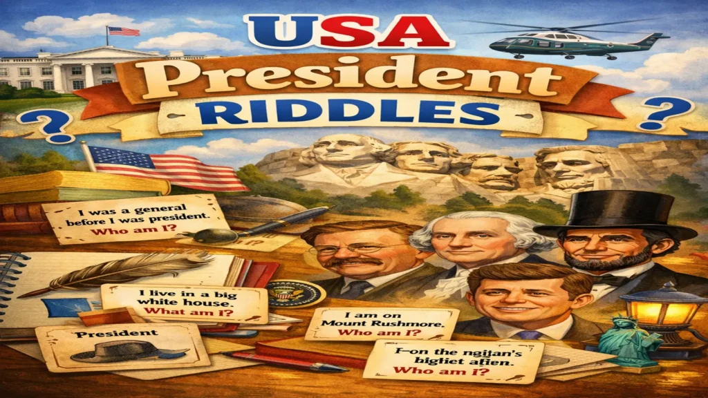 A desk with U.S. history cards and presidential riddle notes