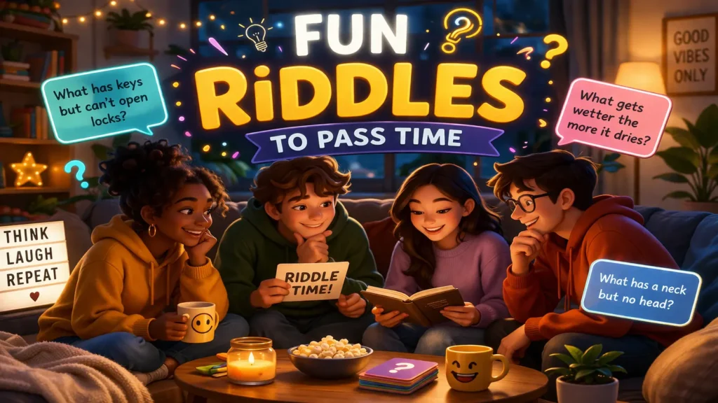 Kids and adults enjoying riddles together during a fun break