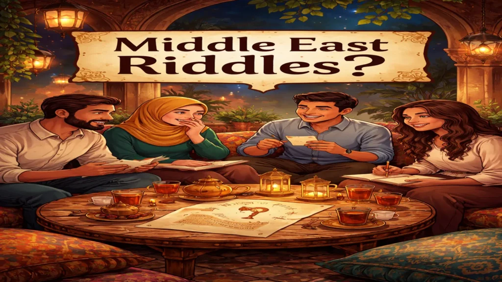 Friends enjoying Middle East riddles together in a warm evening setting