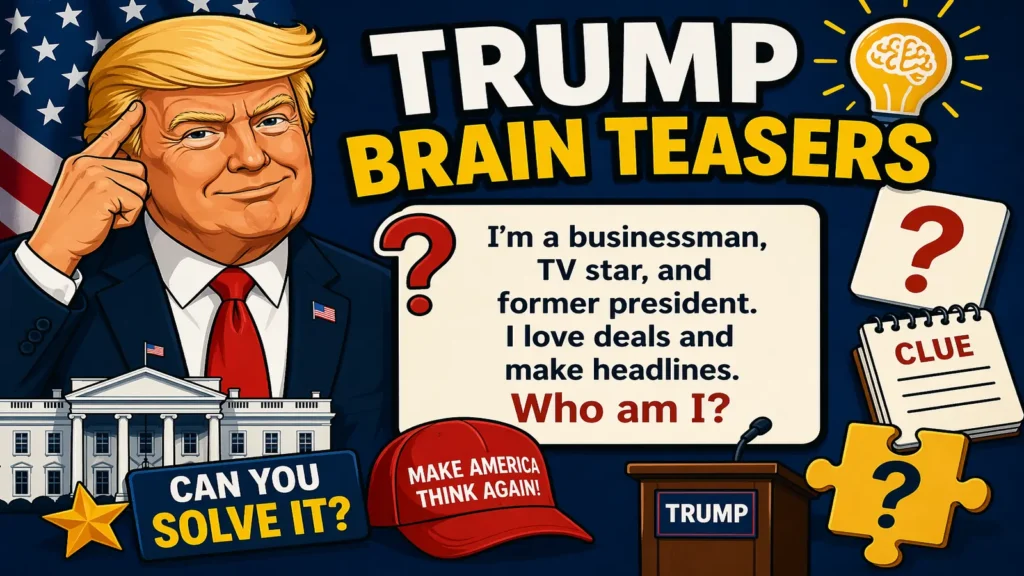 Trump brain teaser cards on a party table with a timer and notes
