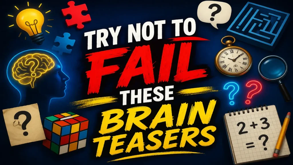 Brain teasers written on paper beside puzzle pieces and a pencil