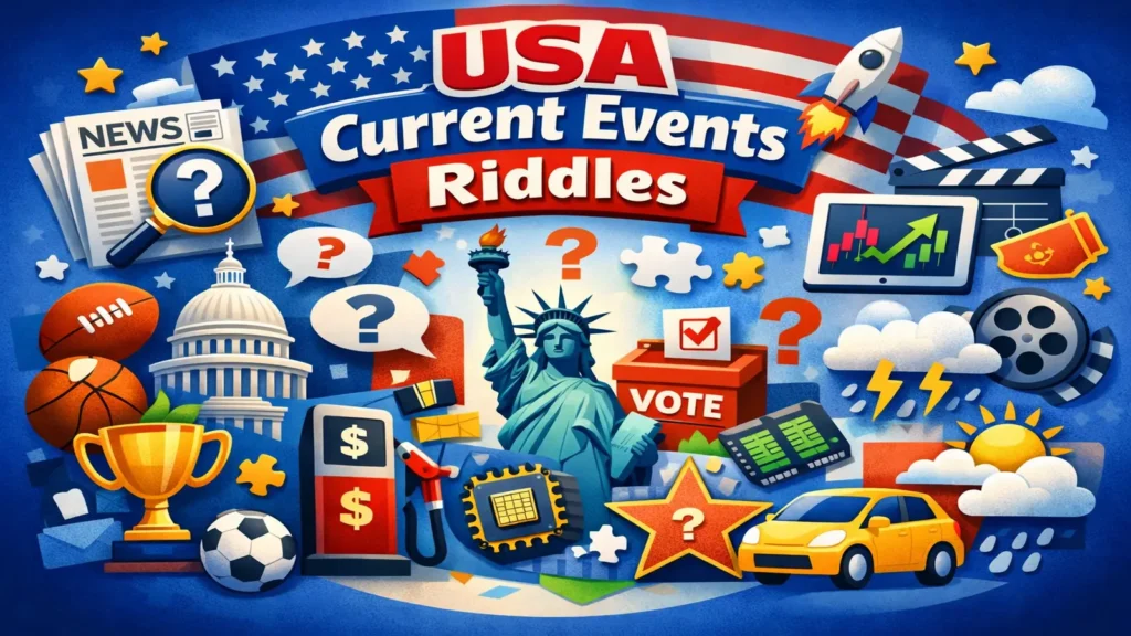 Colorful quiz-style image about U.S. current events riddles