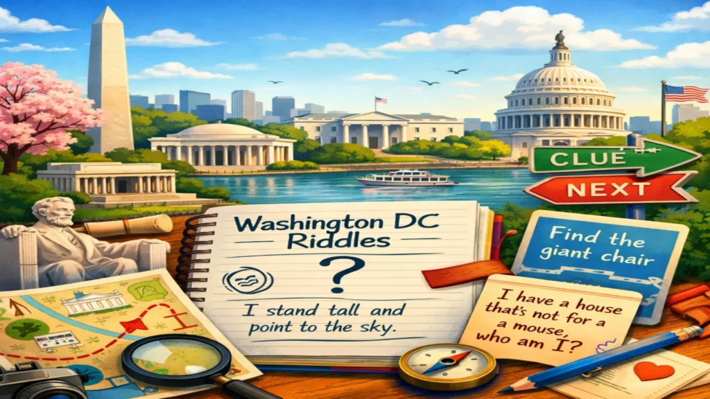 Puzzle-themed illustration of Washington, DC landmarks and clue cards