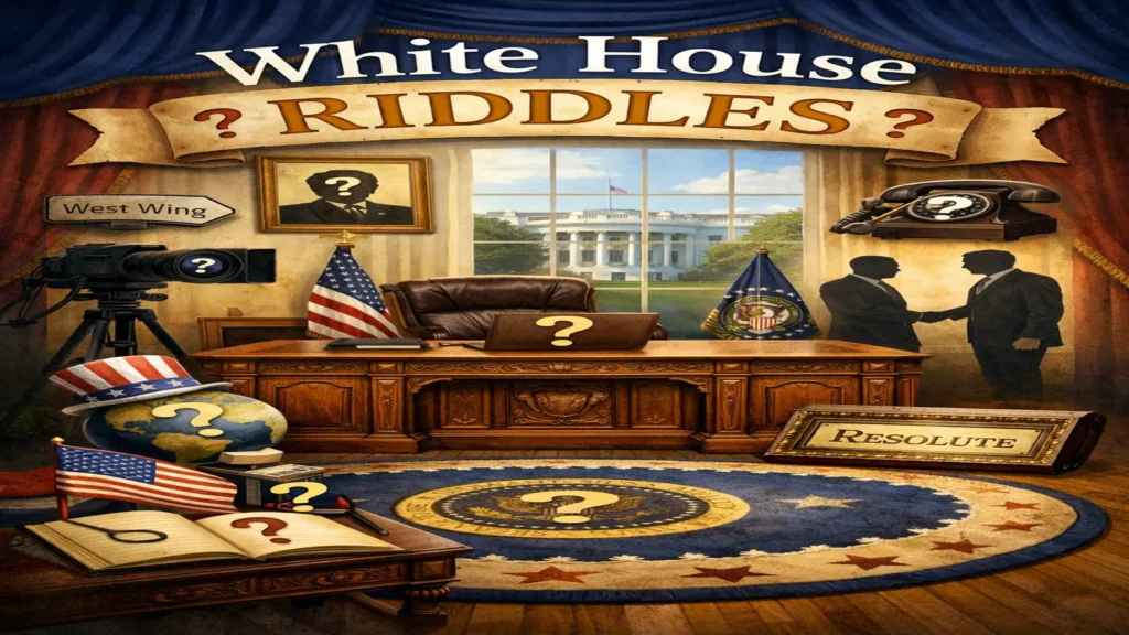 Illustrated White House with puzzle pieces and riddle symbols