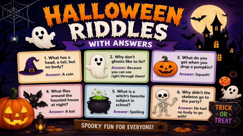 Halloween riddles game setup with pumpkins and costumes