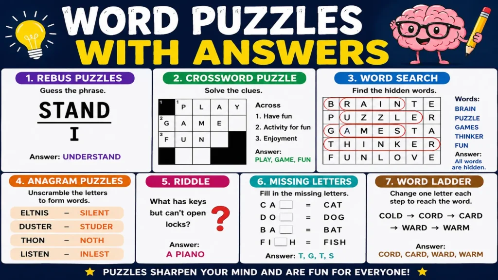 Family-friendly word puzzles and brain teasers on a table