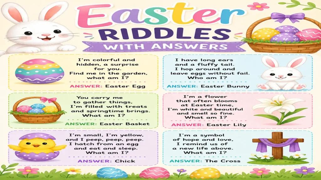 Family enjoying Easter riddles and egg hunt games C