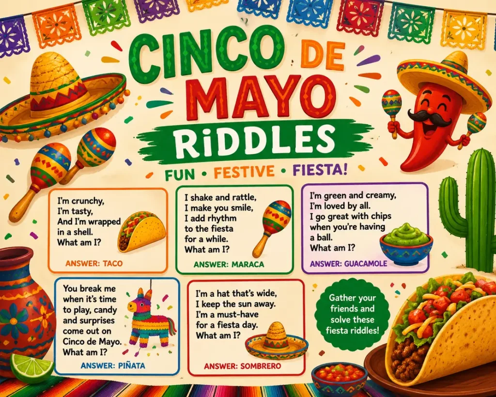 Cinco de Mayo riddle cards beside tacos and party decorations